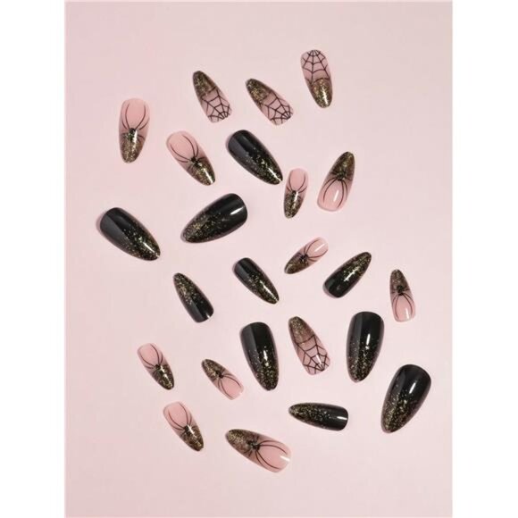 24-Piece Halloween Spider Web With Gold Glitter Press On Nails - Picture 4 of 8